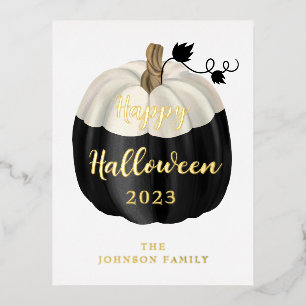 Cute Black And White Pumpkin Happy Halloween Gold Foil Holiday Postcard