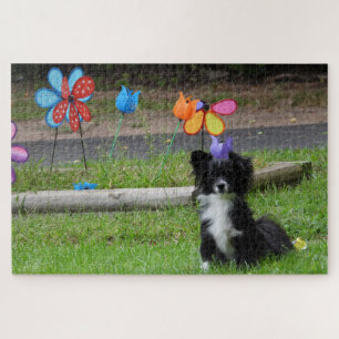 Cute Black and White Puppy Colorful Spring Flower Jigsaw Puzzle