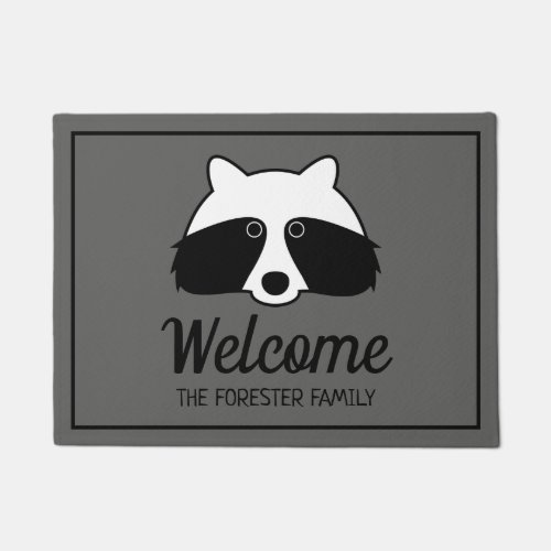 Cute black and white raccoon personalized welcome doormat