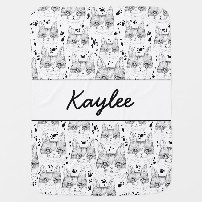 Cute Black and White Serene Cat Face Pattern  Baby Blanket (Front)