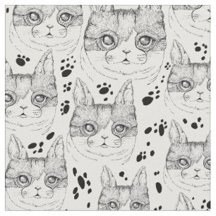 Cute Black and White Serene Cat Face Pattern Fabric
