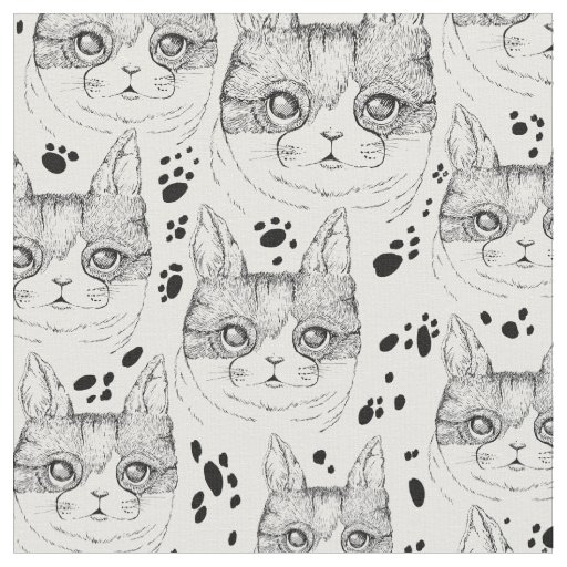 Cute Black and White Serene Cat Face Pattern  Fabric