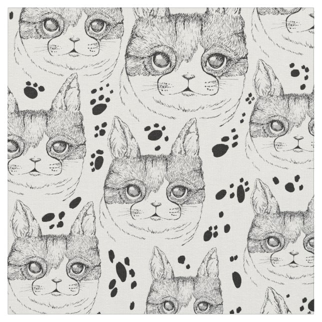 Cute Black and White Serene Cat Face Pattern  Fabric (Close Up)