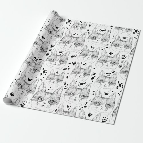 Cute Black and White Serene Cat Face Pattern  Wrapping Paper