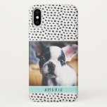Cute Black and White Splotches Pet Photo | Aqua iPhone X Case<br><div class="desc">This fun phone case has a black and white splotchy dots pattern,  as well as photo and text templates for personalization!  Perfect for the pet lover (or anyone,  really)!</div>