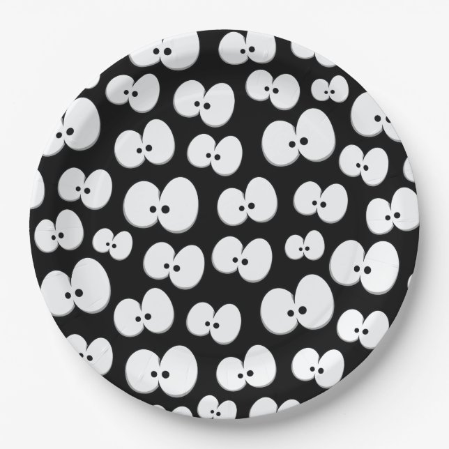 Cute Black and White Spooky Eyes Halloween Paper Plates (Front)