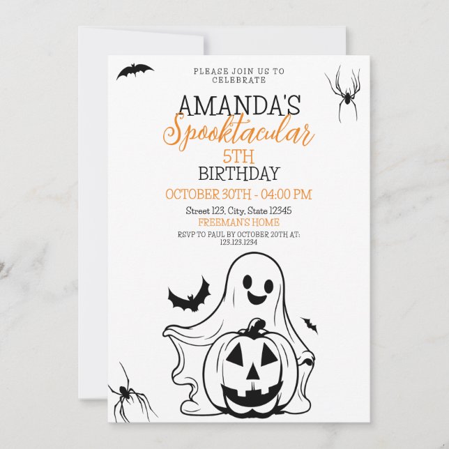 Cute Black and White Spooky Ghost Pumpkin Birthday Invitation (Front)
