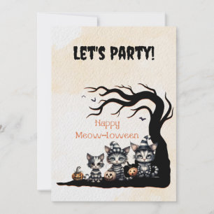 Cute Black and White Striped Halloween Ghost Cats Invitation