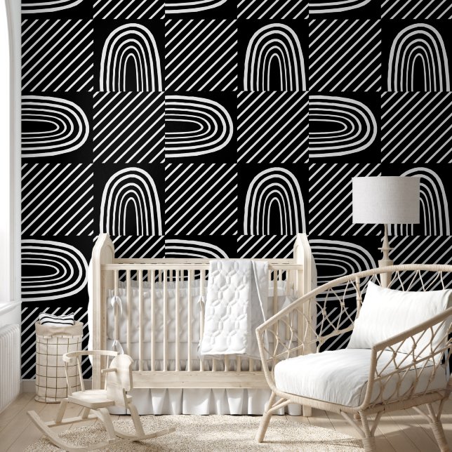 Cute Black and White Stripes and Arcs Pattern Wallpaper (Kids)