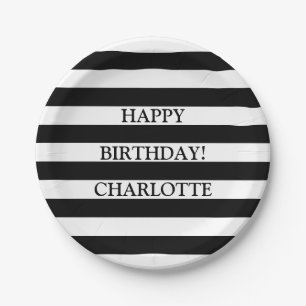 Cute black and white stripes custom name birthday paper plates