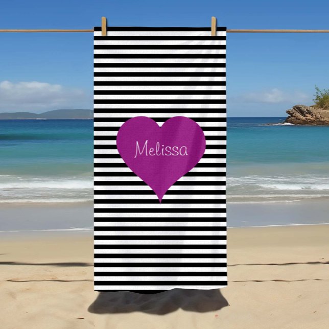 Cute Black And White Stripes Pattern Name Beach Towel (LOVE Pink Heart Black & White Stripes Pattern Name Beach Towel)