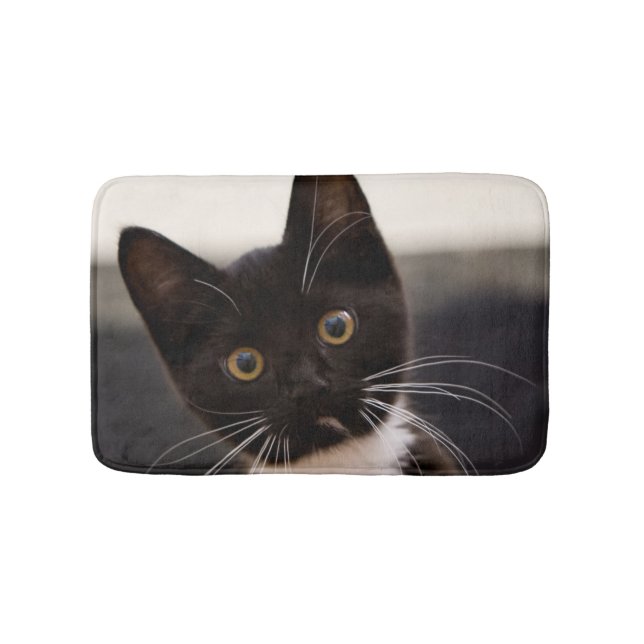 Cute Black And White Tuxedo Kitten Bathroom Mat (Front)