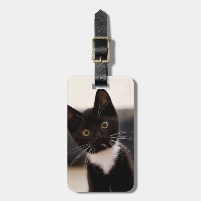 Cute Black And White Tuxedo Kitten Luggage Tag (Front Vertical)
