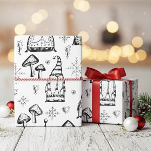 Cute Black and White Xmas Gnomes Winter Wrapping Paper