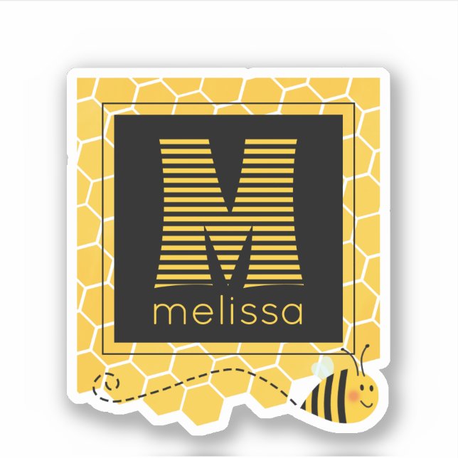 Cute Black and Yellow Striped Monogram Bumble Bee Sticker (Front)