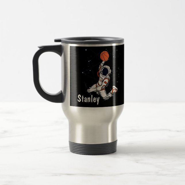 Cute Black Astronaut Outer Space Galaxy Basketball Travel Mug (Left)