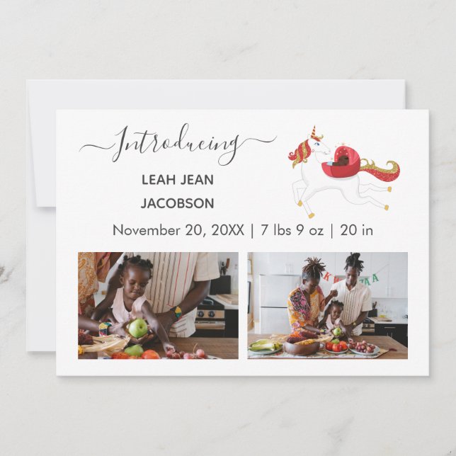 Cute Black Baby Photo Birth Announcement Unicorn (Front)