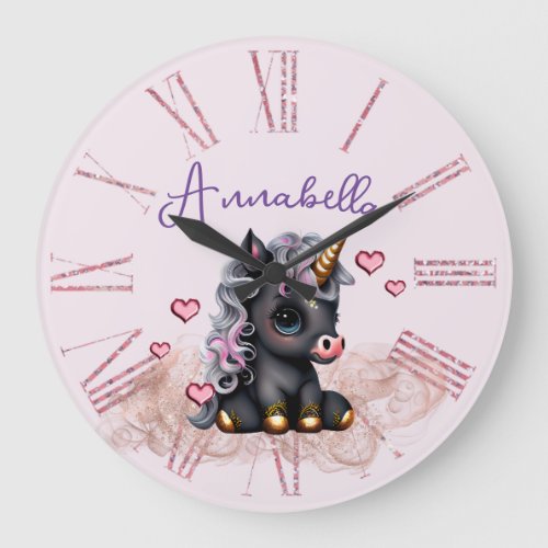 Cute Black Baby Unicorn and Hearts Large Clock