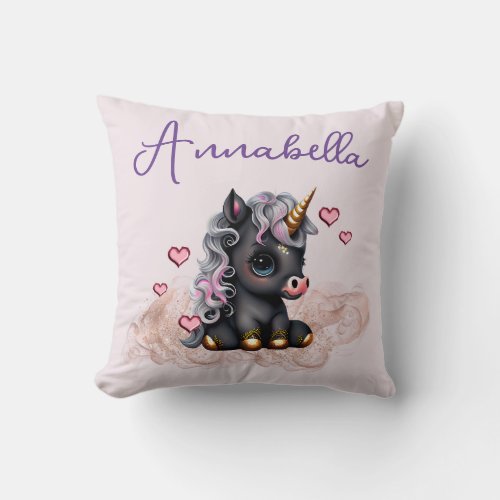 Cute Black Baby Unicorn and Hearts Throw Pillow