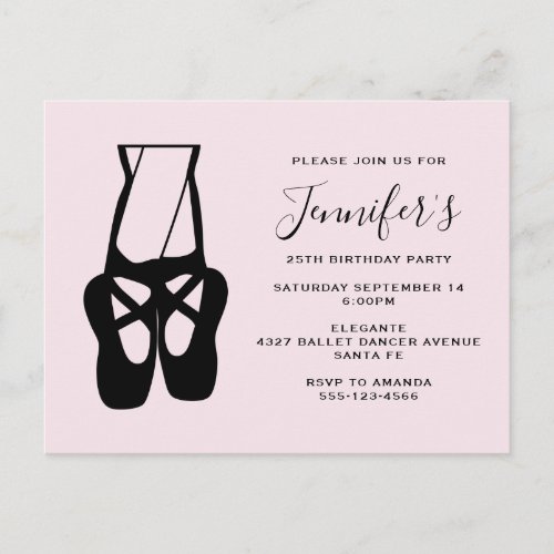 Cute Black Ballet Slippers En Pointe Birthday Invitation Postcard