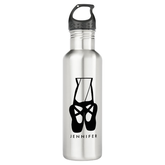 Cute Black Ballet Slippers En Pointe Stainless Steel Water Bottle (Front)
