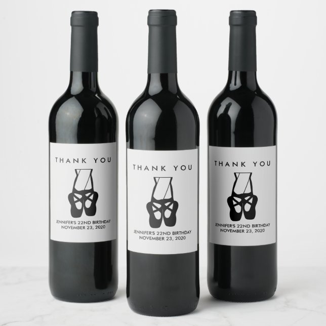 Cute Black Ballet Slippers En Pointe Thank You Wine Label (Bottles)