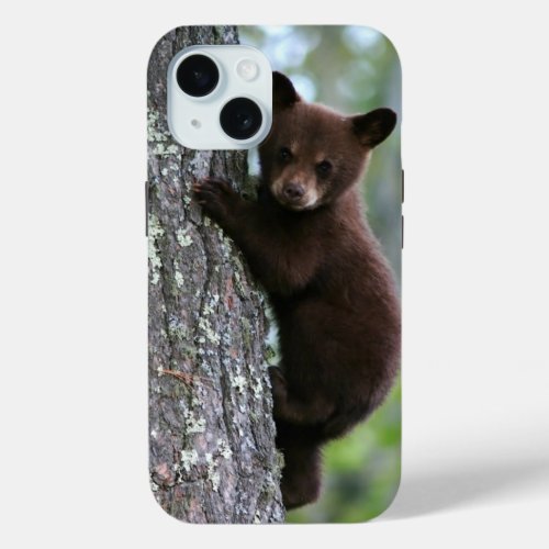 Cute Black Bear Cub Climbing a Tree iPhone 15 Case