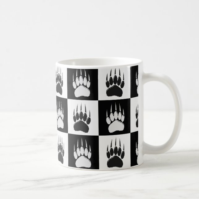 Cute Black Bear Paw Print Checkerboard Pattern Coffee Mug (Right)