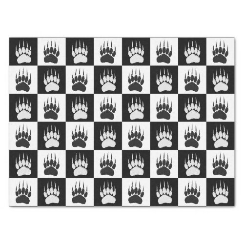 Cute Black Bear Paw Print Checkerboard Pattern Tissue Paper