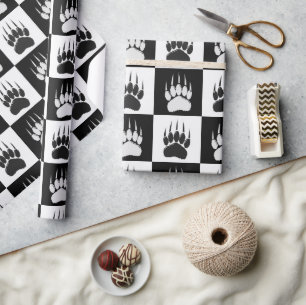 Cute Black Bear Paw Print Checkerboard Pattern Wrapping Paper