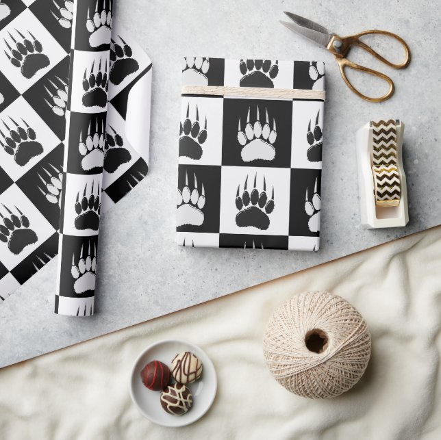 Cute Black Bear Paw Print Checkerboard Pattern Wrapping Paper (Crafts)