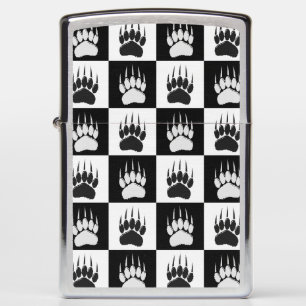 Cute Black Bear Paw Print Checkerboard Pattern Zippo Lighter