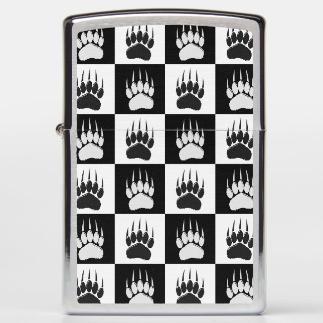 Cute Black Bear Paw Print Checkerboard Pattern Zippo Lighter (Front)