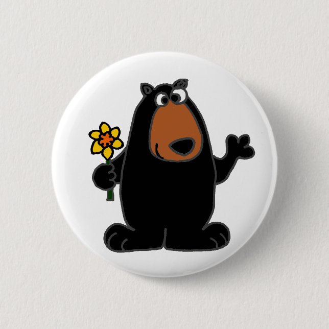 Cute Black Bear with Daffodil Cartoon Button (Front)