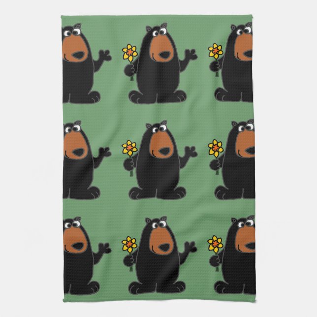 Cute Black Bear with Daffodil Cartoon Towel (Vertical)