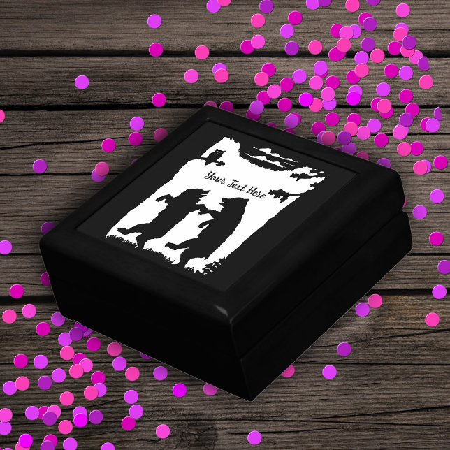 Cute Black Bears Dancing Trees Owl White Clouds Gift Box (Two black bears in forest dancing trees owl clouds on black and white wood gift box.)