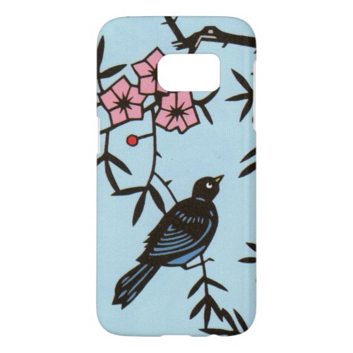 Cute Black Bird on Branch Pink Cherry Blossom Samsung Galaxy S7 Case