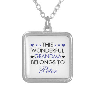Cute Black & Blue Saying Grandkid Name Grandma Silver Plated Necklace