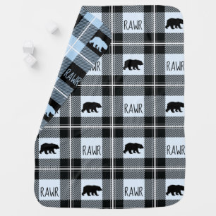 Cute Black Blue & White Bear and Rawr Flannel Baby Blanket