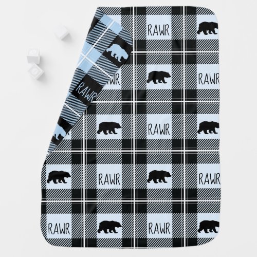 Cute Black Blue  White Bear and Rawr Flannel Baby Blanket