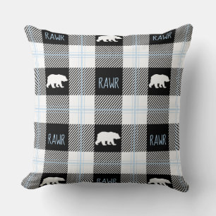 Cute Black Blue & White Bear and Rawr Flannel Throw Pillow