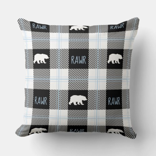 Cute Black Blue  White Bear and Rawr Flannel Throw Pillow