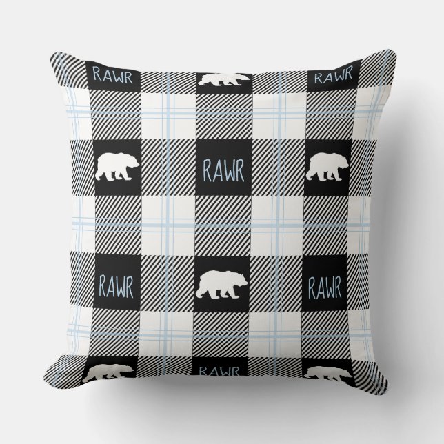Cute Black Blue & White Bear and Rawr Flannel Throw Pillow (Front)