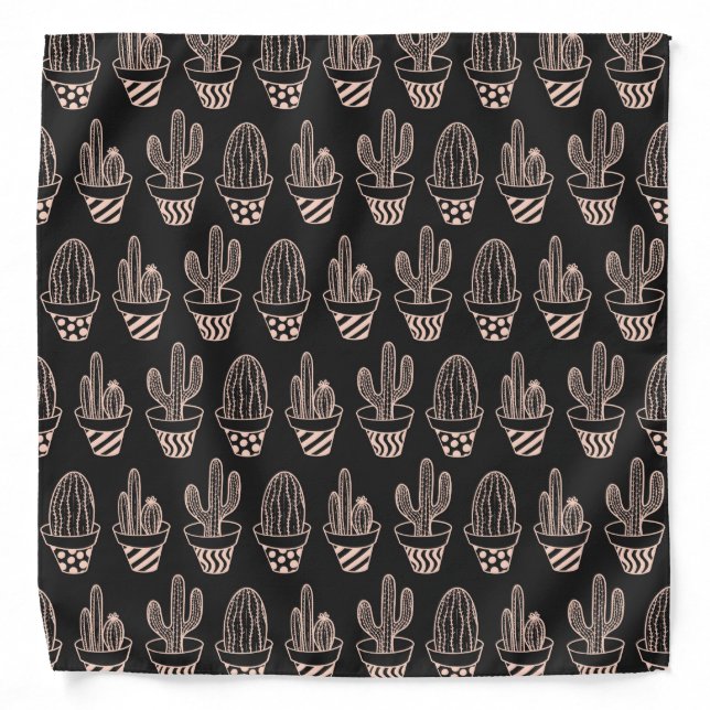 Cute Black Blush Pink Potted Cactus Pattern Bandana (Front)