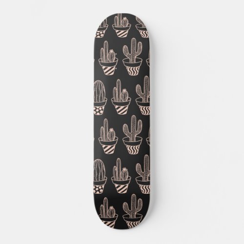 Cute Black Blush Pink Potted Cactus Pattern Skateboard