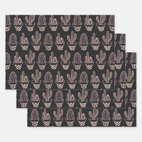 Cute Black Blush Pink Potted Cactus Pattern Wrapping Paper Sheets