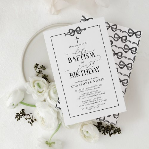 Cute Black Bow Girl Holy Baptism  1st Birthday Invitation