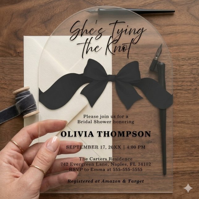 Cute Black Bow She's Tying the Knot Bridal Shower Acrylic Invitations (Creator Uploaded)