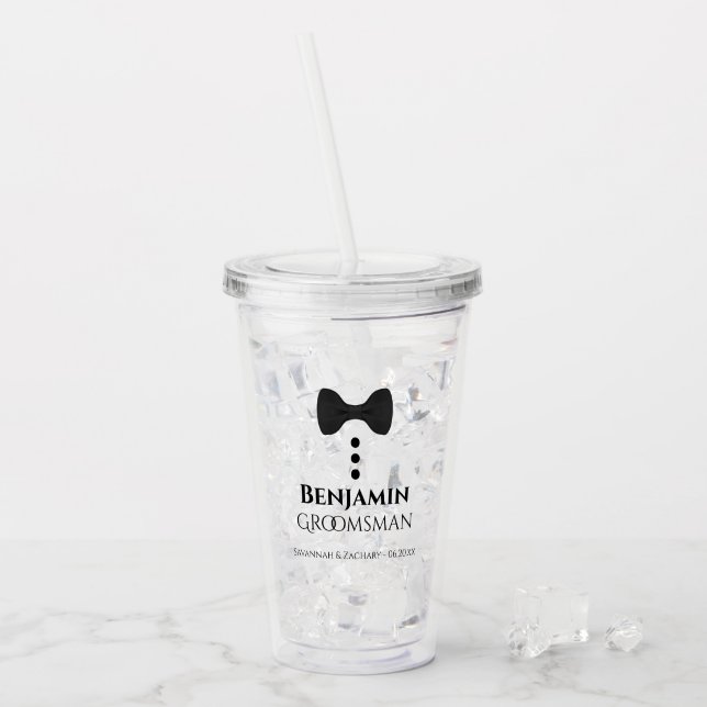 Cute Black Bow Tie & Buttons Groomsman Wedding Acrylic Tumbler (Front Ice)