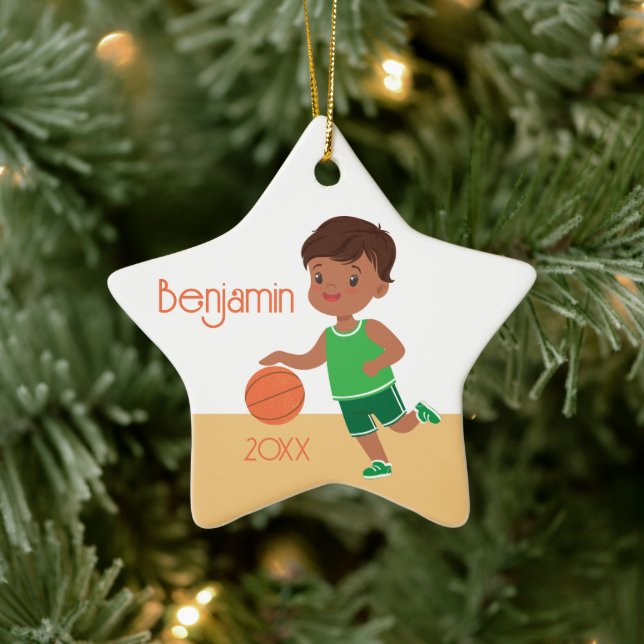 Cute Black Boy Basketball Ceramic Ornament (Tree)